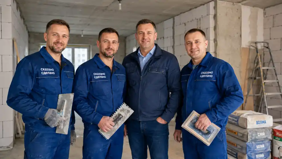 Каменщики и штукатуры выполняют черновые работы на объекте в Минске